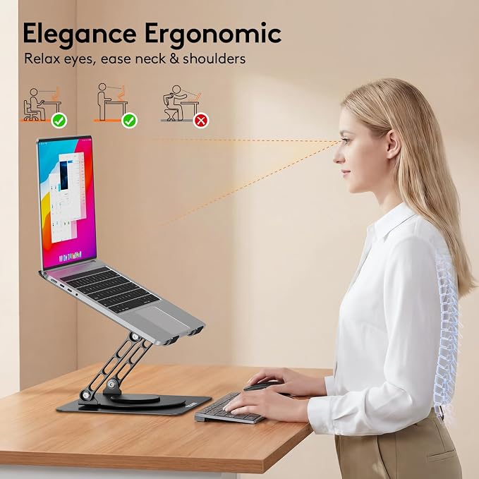 TECKNET Laptop Stand for Desk - 360° Rotating Base, Ergonomic Foldable Computer Stand for Laptop Riser, Height Adjustable, Compatible with MacBook Pro, Dell XPS, HP, and All Laptops 10-17" (Black)