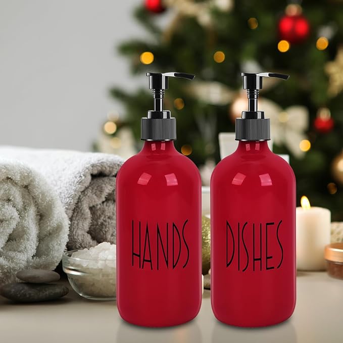 Dish Soap Dispenser for Kitchen - 16 OZ Glass Hand Soap Dispenser Set - Kitchen Bathroom Decor and Accessories (Red)
