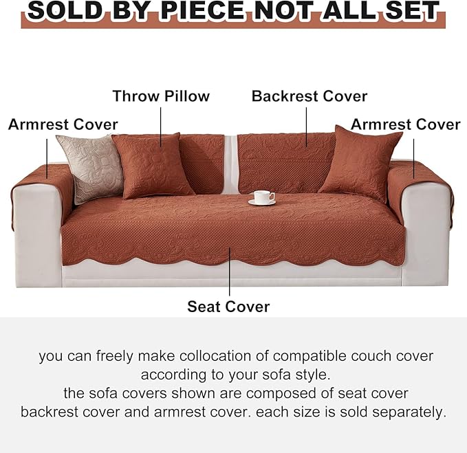 vctops Boho Cotton Quilted Couch Cover Soft Embroidered Sofa Cover Non-Slip Dog Bed Cover Scalloped Sofa Slipcover Washable Furniture Protector Cover (Orange,28"x82")