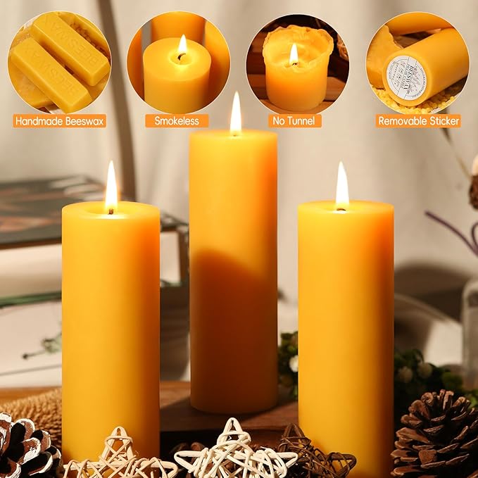 6 Pack Natural Beeswax Pillar Candles 2x6in,360 Hours Long Burning Unscented Beeswax Candles,100% Pure Bees Wax Candles for Home,Emergency,Dripless Pillar Candle Bulk