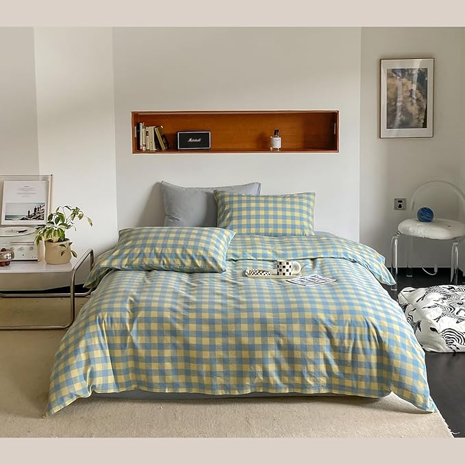 mixinni Plaid Duvet Cover Set Twin Yellow - Soft Washed Cotton Modern Geometric Bedding Set with 2 Pillowcases, Blue Green Gingham Grid Twin Duvet Cover for Men & Women, Soft & Lightweight