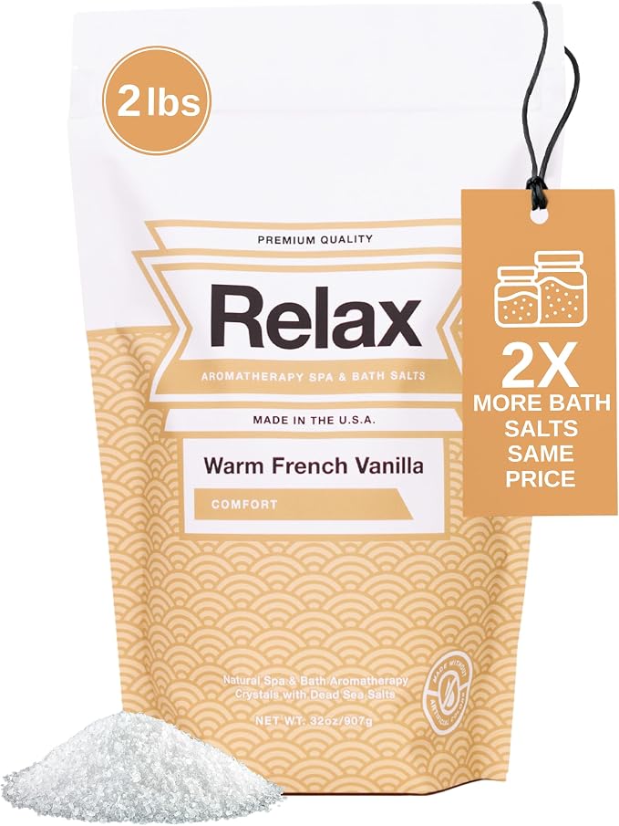 Relax Spa & Bath Aromatherapy Bath Salts for Hot Tub, Bath, or Spa, 2LB Bag Infused with Magnesium, Bath Salt for Soaking, Warm French Vanilla Scent