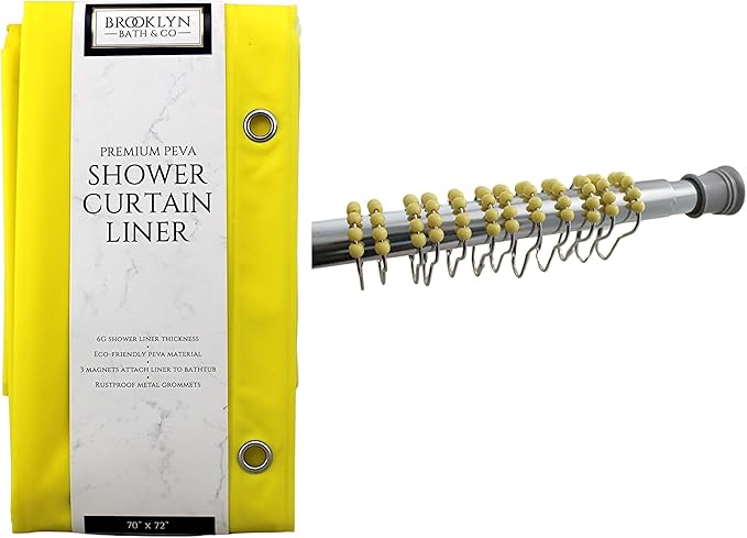 Dependable Industries inc. Essentials Decorative PEVA Shower Curtain Liner - PVC-Free, Odorless with Magnetized Bottom, Rustproof Grommets & Yellow Chrome Finish Roller Ball Hooks Set