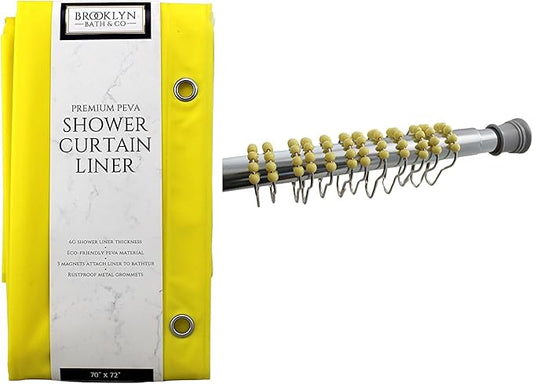 Dependable Industries inc. Essentials Decorative PEVA Shower Curtain Liner - PVC-Free, Odorless with Magnetized Bottom, Rustproof Grommets & Yellow Chrome Finish Roller Ball Hooks Set