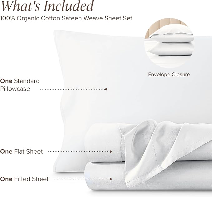 Bare Home 100% Organic Cotton Twin Extra Long Sheet Set - 400 Thread Count - Smooth Sateen Weave - Breathable & Cooling - Hotel Luxury Set - Deep Pocket Bed Sheets (Twin XL, White)