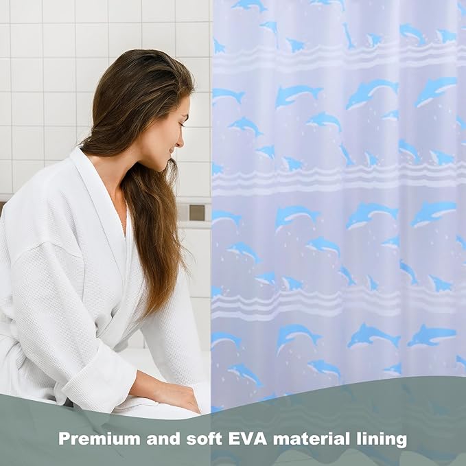 Plastic Shower Curtain Liner, Premium EVA 6G Dolphin Shower Curtain, Shower Curtains for Bathroom with 3 Magnetic Weights and Rustproof Grommets (Dolphin, 72x72 in)