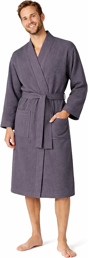 Turkish Linen Men’s Waffle Bathrobe Lightweight Kimono Spa Robe – Quick Dry Bath & Shower Robe for Men with Pockets