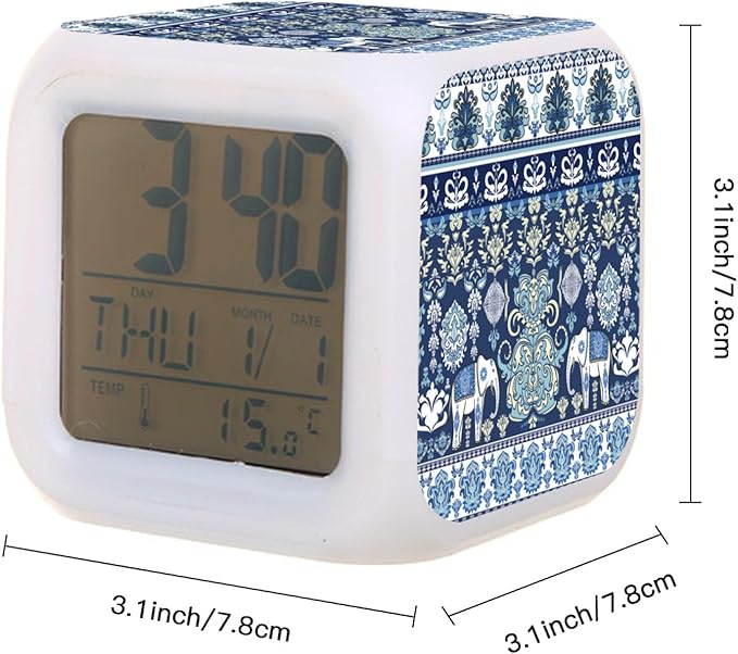 Digital Alarm Clock,Blue Elephants 7 Color Change LED Digital Alarm Clock with Date Thermometer for Toddlers,Girls and Boys
