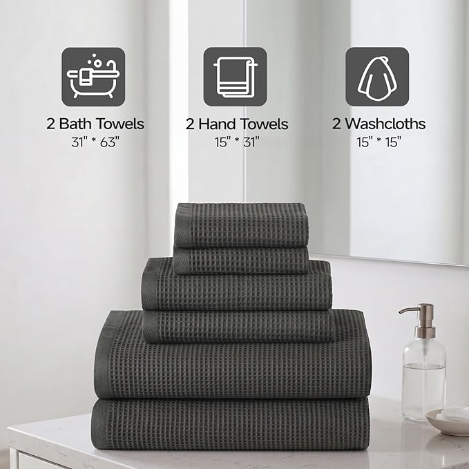 Ecolook 6-Piece Waffle Weave Towel Set, 100% Cotton, Lightweight, Absorbent & Quick-Drying, 2 Bath Towels (31×63 in), 2 Hand Towels, 2 Washcloths, Lint-Free for Bathroom, Pool, Gym, Travel - Dark Gaey