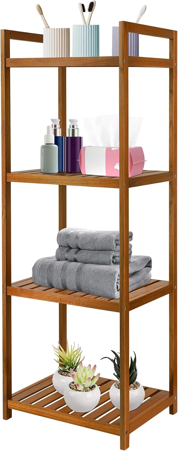 Utoplike Teak Wood Bathroom Shelf Organizer Stand, Standing Shelves Shower Caddy Units, Freestanding 4 Tier Bath Storage for Floor, Kitchen, Office