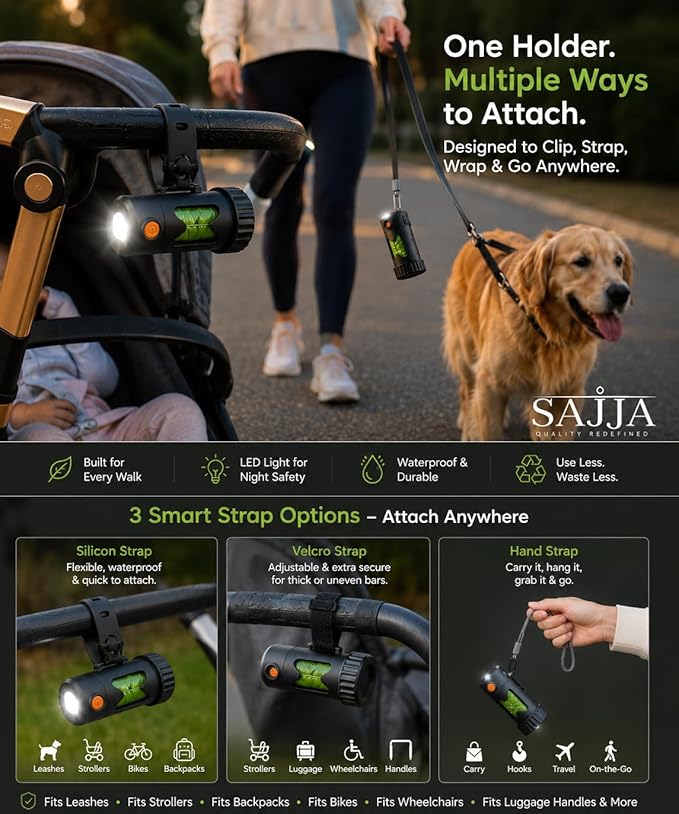Dog Poop Bag Holder with Rechargeable LED Flashlight – Quick-Silicone Finger Grip Bag Opener, Hands-Free Dispenser with Silicone & Velcro Straps & Hand Strap – Fits Any Leash for Easy Dog Walking