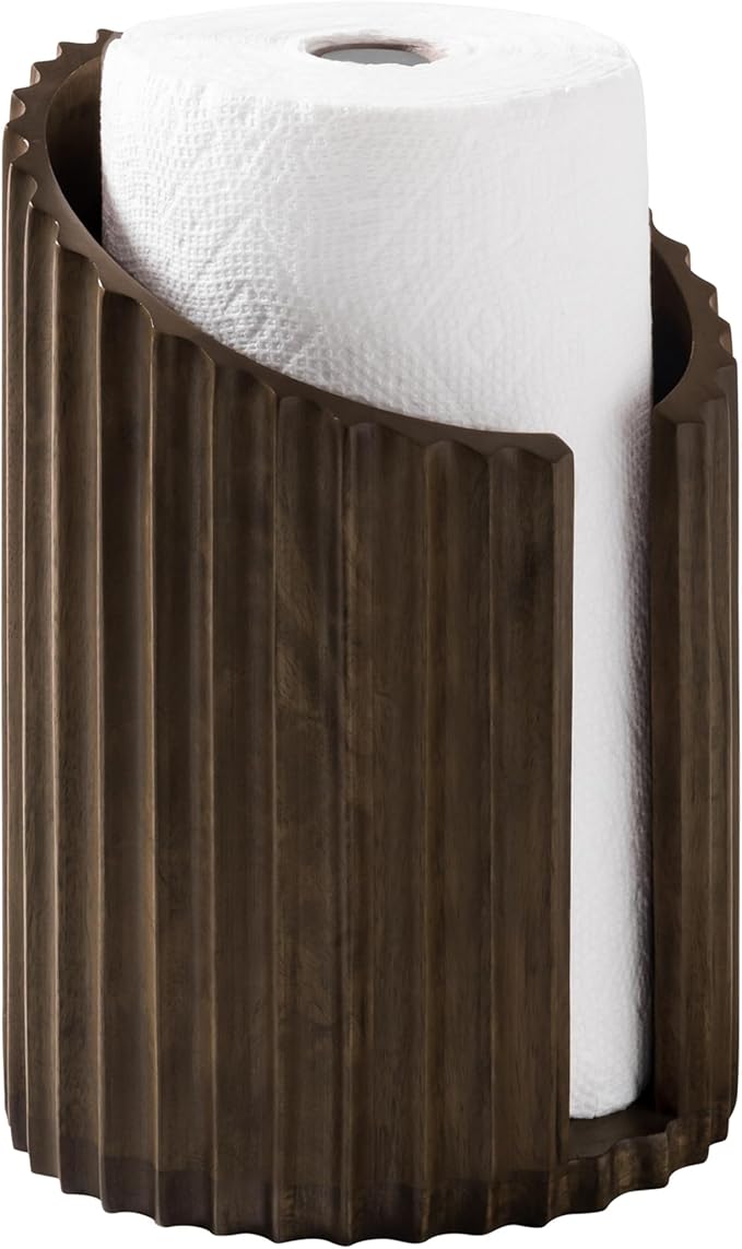 Anji Mountain Wooden Paper Towel Holder Countertop with Mango Wood Round Base and Iron Holder, Holder Stand for Kitchen Roll Organizer & Kitchen Dining Table Home Decor - Chocolate/Black, Fluted