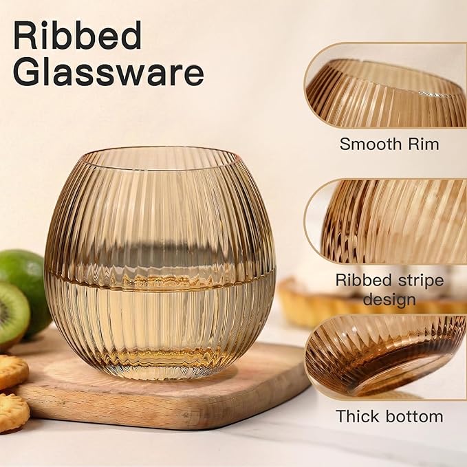 JOVGANK Brown Ribbed Drinking Glasses Set of 6-10.8 OZ Stemless Wine Champagne Whiskey Cocktail Glass, Reusable Wine Cups for Home Party Wedding Bar