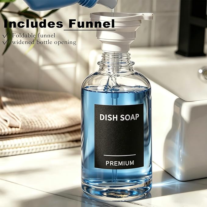 Dish Soap Dispenser for Kitchen, Hand Glass Soap Dispenser Set with Pump, Tray, Funnel for Bathroom, Shower, Laundry, Liquid, Lotion (Black 2 Pack 18 Oz Clear Bottles with 12 Stickers)