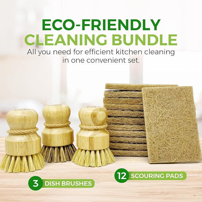 Bamboo Dish Brush Set of 3 and Scouring Pad Dish Washing Scrubbers Pack of 12 - Coconut Fiber Scrubbers with 100% Plant-Based Kitchen Dish Brush Bamboo with Sisal and Coconut Bristles, 2 Brush Types