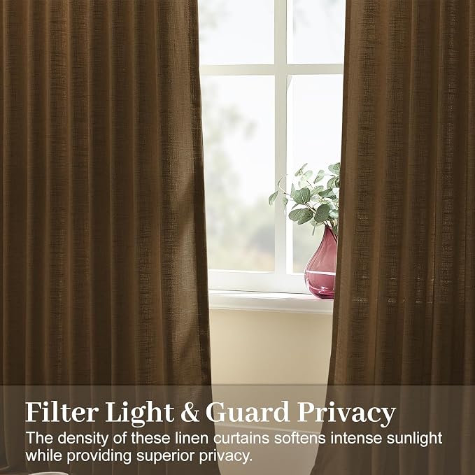 Pinch Pleated Linen Curtains 84 Inch Length 2 Panels Set, Light Filtering Linen Semi Sheer Drapes Memory Trained Pleated Curtain Back Tab for Living Room Farmhouse with Hooks Rings, Dark Chocolate