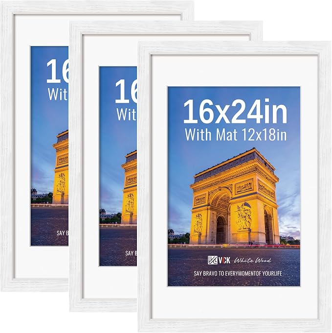 VCK 16x24 Picture Frames White 3 Pack, Wide Border Wood, Display 12x18 Photo with Mat or 16 x 24 without, for Home, Office, Gallery, Woodgrain Series, Wall Hanging