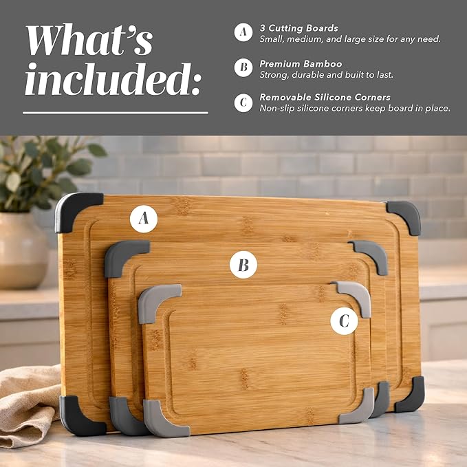 COOK WITH COLOR Non-Slip Cutting Board Set – Kitchen Essentials with Easy Grip Handle for Meat, Veggies, and Fruits, 3 Cutting Boards, Bamboo Non-Slip Grey