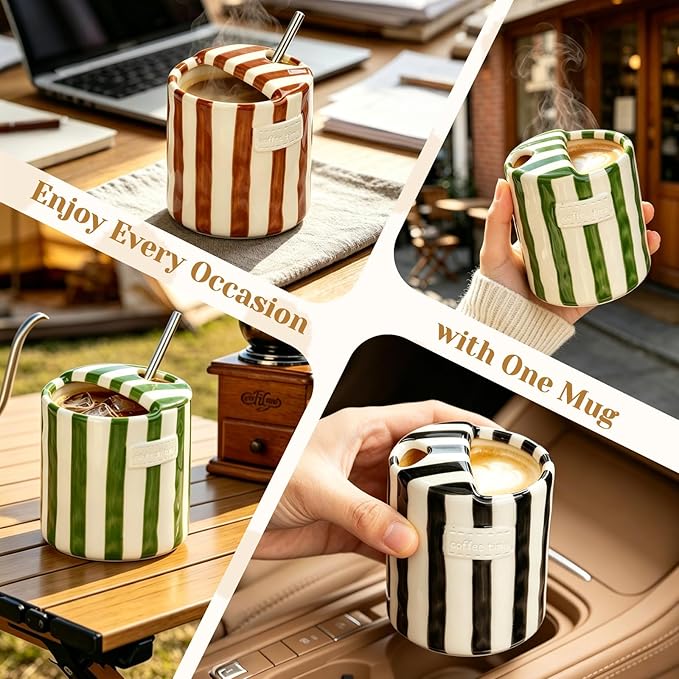 Ceramic Coffee Mug Novelty Ceramic Travel Mug Cute Espresso Cups To Go Anthropologie Latte Cups Aesthetic Brown Pottery Mugs With Sip Hole 10oz Clay Striped Vintage Handmade Coffee Cup for Home