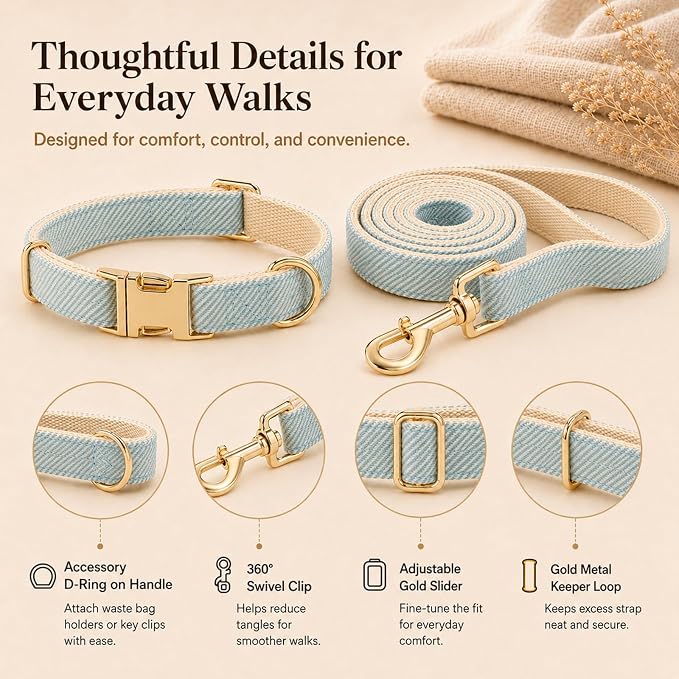 Herringbone Tweed Dog Collar and Leash Set for Small Dogs, Light Blue | Snag-free, no-rub design. Soft breathable cotton, gentle on fur. Adjustable durable matching combo for walks & outdoors.
