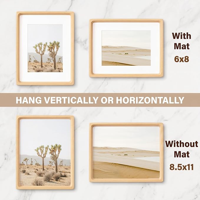 8.5 by 11 Picture Frame, USA-Sourced Beech Wood Photo Frame with HD Tempered Glass, Handcrafted Rounded Corner 8.5x11 Wooden Picture Frames Matted to 6x8 Photos, Tabletop or Wall Display, 2 Pack