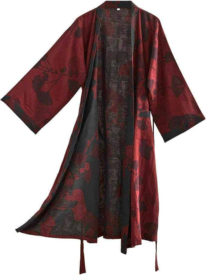 100% Cotton Gauze Ginkgo Leaf Kimono Robe, Long Knit Loose Bathrobe Nightgown Ladies Loungewear Sleepwear for Women
