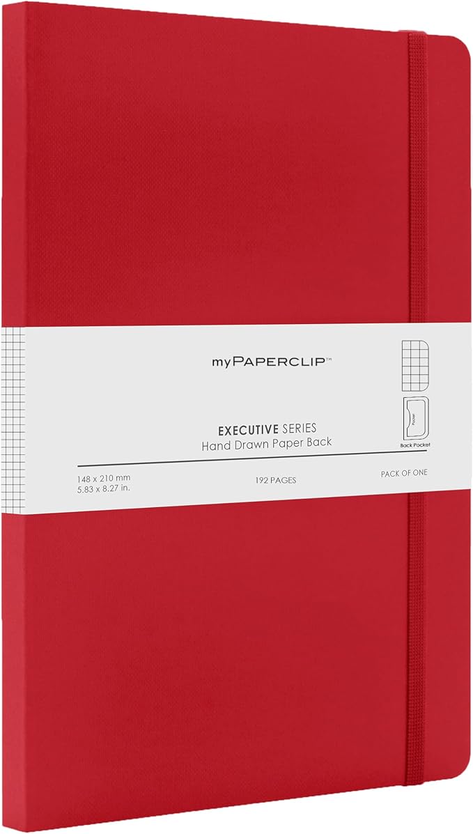 myPAPERCLIP Executive Series A5 Checks/Square Grid Notebook | 192 Pages, 80 GSM, Soft Cover, A5 (5.83 x 8.27 in) | Flat Lay | Bookmark, Elastic Closure & Back Pocket | Red