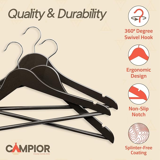 Vintage Wooden Hangers 100 Pack – Heavy-Duty with 360° Swivel Hook, Non-Slip, Pants Bar & Shoulder Grooves - Wooden Hangers for Suits, Jackets, Dresses & Camisoles, Space-Saving and Smooth Finish