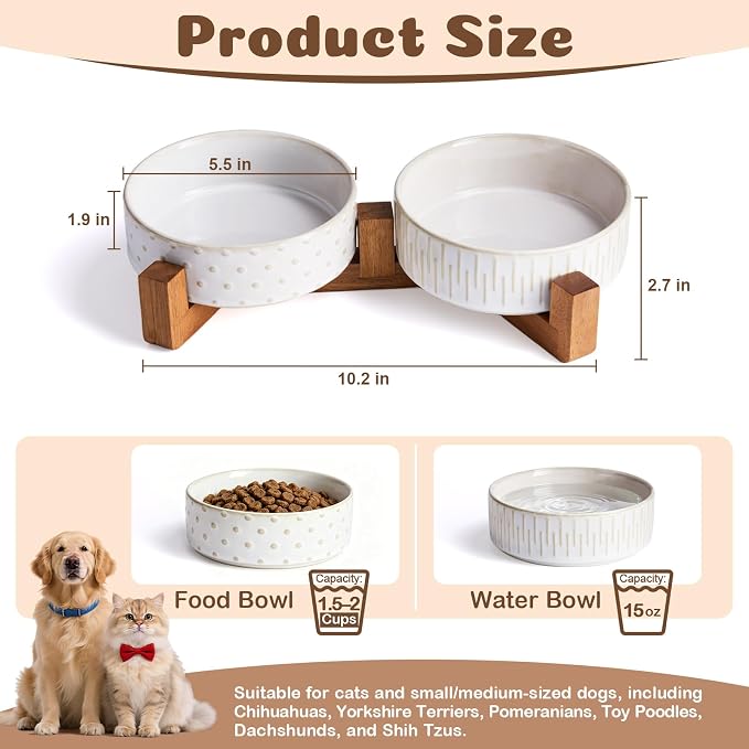 Ceramic Dog Bowl Set with Acacia Wood Stand, 1.5–2 Cups Food & 15oz Water Ceramic Pet Bowls, Lead-Free, Smooth Glaze with Non-Slip Base for Cats and Small Dogs