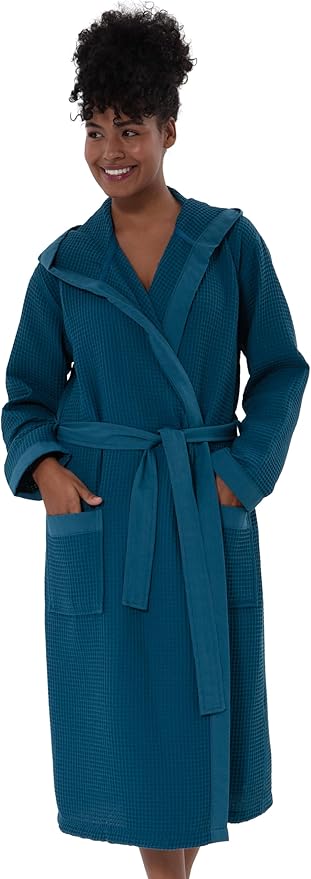 SEYANTE Women's Organic Cotton Waffle Kimono, Hooded Robe – GOTS Certified Lightweight Full-Length Spa Bathrobe with Piping