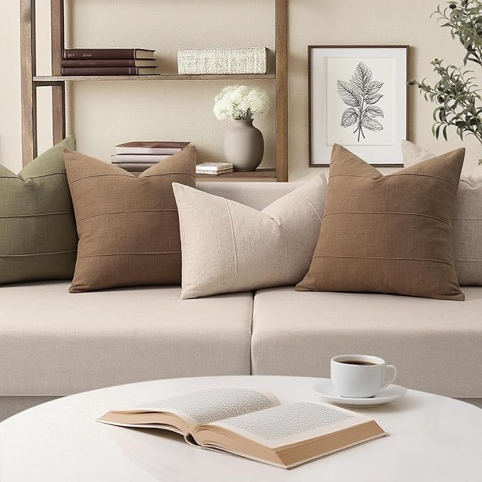 ZWJD Decorative Linen Throw Pillow Covers 22x22 Set of Solid Handcrafted Striped Cushion Covers for Bed Soft Modern Farmhouse Neutral Pillowcase for Couch Bedroom Living Room Home Decor(Coco Brown)