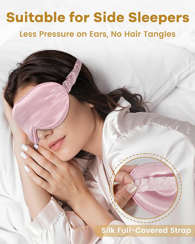 BeeVines Pure Silk 3D Contoured Sleep Mask for Women, Luxury 100% 22 Momme Mulberry Silk 3D Contoured Eye Mask for Lash Extensions, Zero Eye Pressure & Blackout(Pink)