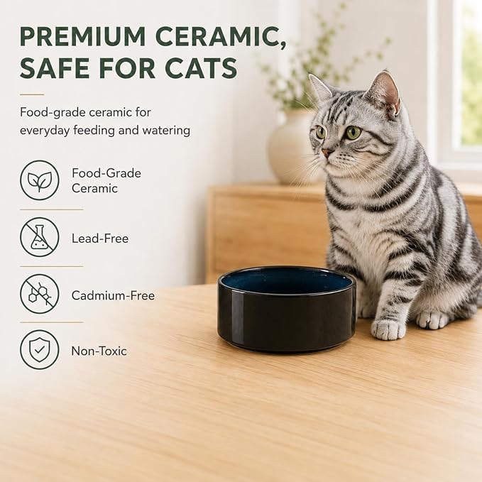 Havniva Cat Bowls Water Bowl Set of Two, 5.1” Ceramic Cat Food and Water Bowl Whisker Friendly Pet Food Bowls for Indoor Cats, Wide Cat Water Dish Prevent Whisker Fatigue Non Slip Cat Feeder