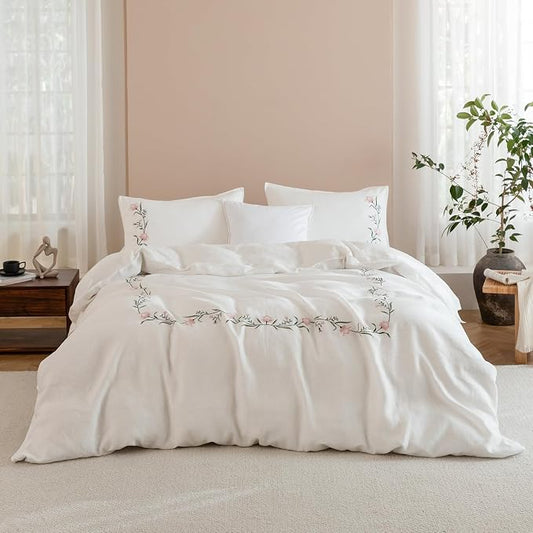 EVERLY 100% Pure Linen Duvet Cover Set King Size 104X90Inch 3pcs (1 Duvet Cover,2 Pillowcases) Soft and Breathable for All Season with Coconut Button Closure, Suitable for Hot Sleepers-Linen King