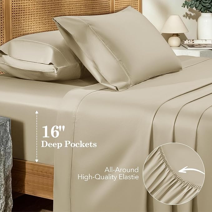 SONORO KATE 100% Organic Cotton Sheets Set - 600 Thread Count, GOTS Certified Cotton Bed Sheets, Soft, Breathable & Silky Sateen Weave Sheets, 16" Deep Pockets - 4 PC (Linen,Queen)