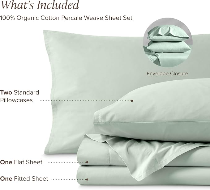 Bare Home 100% Organic Cotton Queen Sheet Set - Crisp Percale Weave - Lightweight & Breathable - Bedding Sheets & Pillowcases (Queen, Willow)