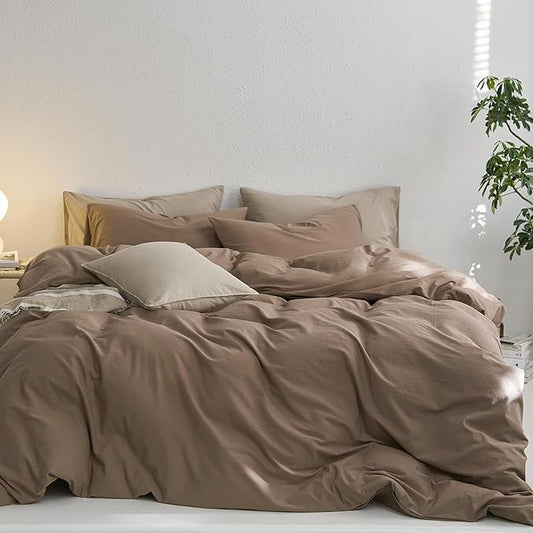 MooMee Oversized Queen Duvet Cover Set, 100% Washed Cotton Linen Like Twill Thick Sturdy Material Super Soft Breathable Durable Bedding for All Season, 3 Pieces (Bombay Brown, Oversized Queen 98"x98")