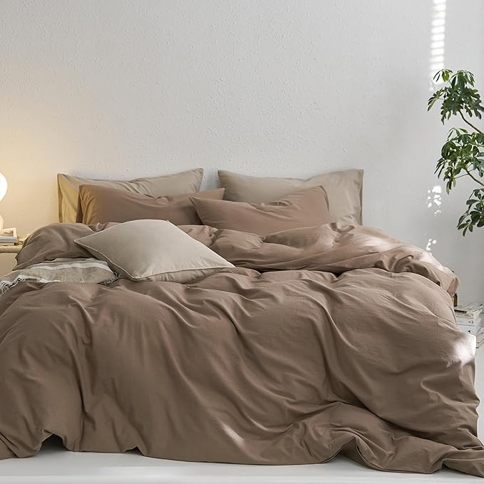 MooMee Queen Duvet Cover Set, 100% Washed Cotton Linen Like Twill Thick Sturdy Material Super Soft Breathable Durable Bedding for All Season, 3 Pieces (Bombay Brown, Queen 90"x90")
