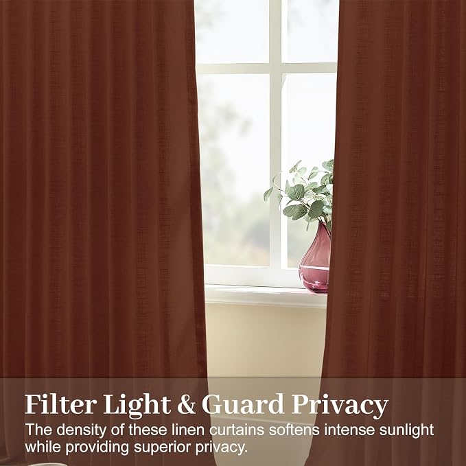 Pinch Pleated Linen Curtains 84 Inch Length 2 Panels Set, Light Filtering Linen Textured Sheer Drapes Memory Trained Pleated Curtain Back Tab for Bedroom Farmhouse with Hooks Rings, Chestnut Brown