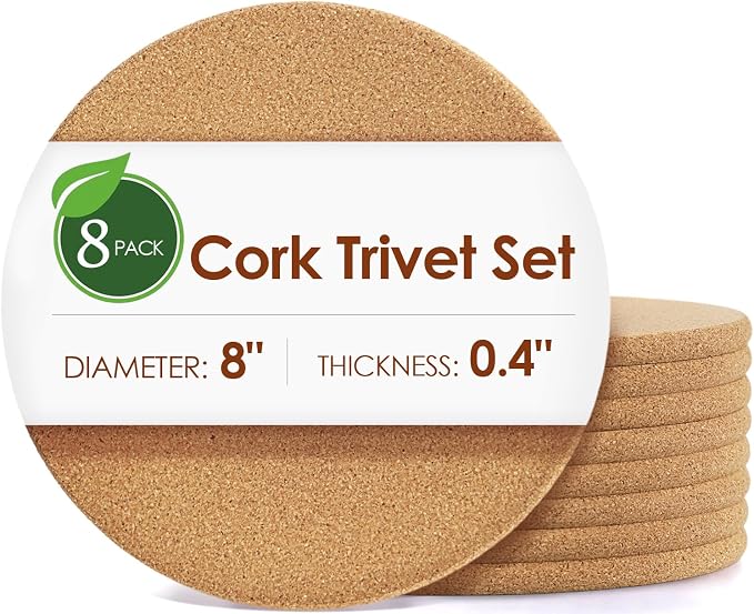 Cork Trivets for Hot Dishes 8 Pack 8 inch High-Density Thick Cork Trivets for Hot Pots and Pans, Heat Resistant Hot Pads for Kitchen, Multifunctional CorkCoasters for Countertop Table,