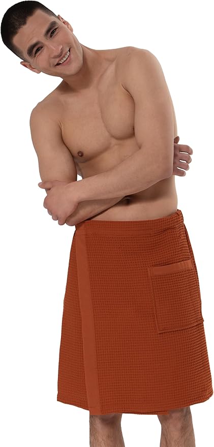 SEYANTE Men's Organic Waffle Spa Wrap – GOTS Certified 100% Turkish Cotton, Adjustable Closure, Same-Color Piping