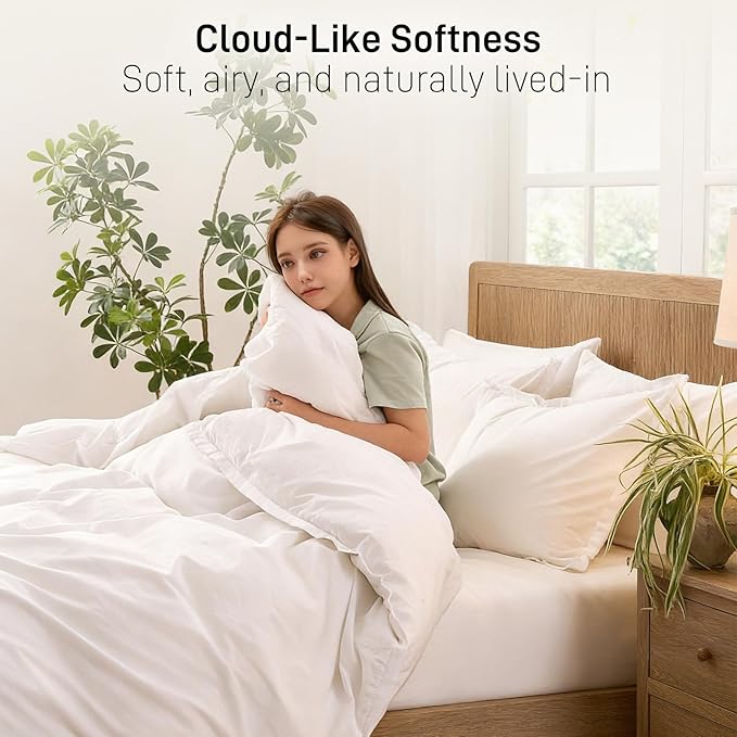 Duvet Cover Set King Size, 100% Washed Cotton, Light Weight Breathable Comforter Cover Linen Feel, 3PCs Breathable Bedding Set for All Season, White 104"x90"