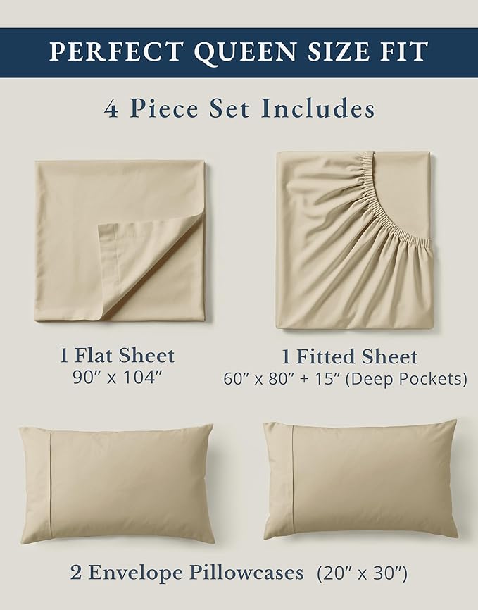 LANE LINEN 100% Organic Cotton Queen Size Sheets Set, Eco Friedly Mercerized Fully Elasticized Queen Sheets, Naturally Temperature Regulating Cooling Cotton Sheets- Linen