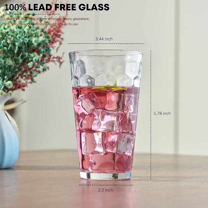 ALINK 16 oz Drinking Glasses, Set of 6 Highball Glass Cups Bar Glasses, Clear Heavy Base Stemmed Water Glasses for Beer, Iced Coffee Cups, Cocktail Glasses, Wine, Iced Tea, Dishwasher Safe