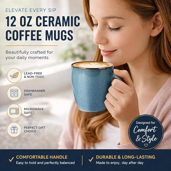 GBhome Ceramic Coffee Mugs Set of 6, 12oz Stoneware Coffee Mugs Set For Dad Mom Women MEN, Light Weight Ceramic Coffee Cups for Latte/Tea/Beer/Hot Cocoa, Dishwasher & Microwave Safe
