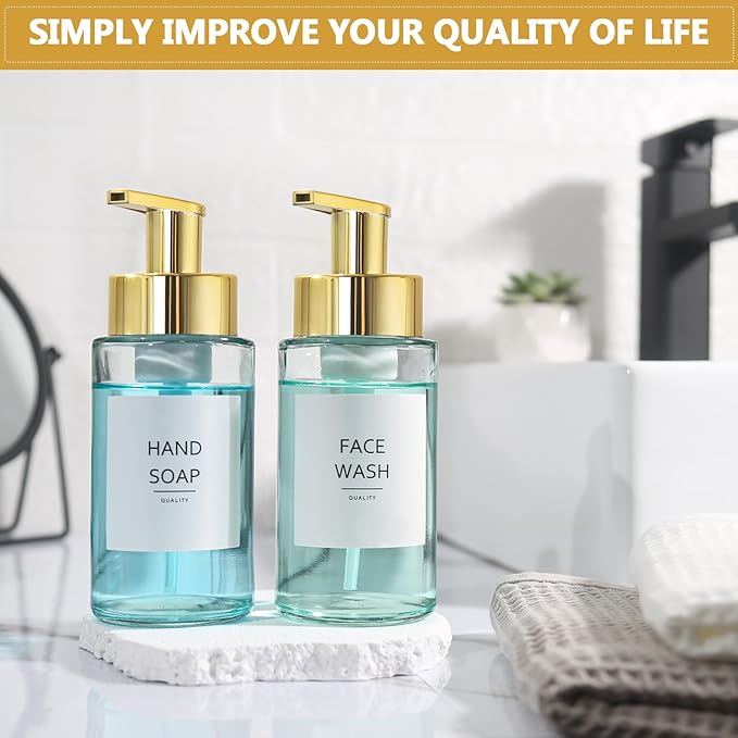 RYTOXILO Foaming Soap Dispenser, 10 oz/300ml Gold Soap Dispenser, 2 Pack Glass Foaming Hand Dispenser for Bathroom & Kitchen, Clear Refillable Foam Bottle with Waterproof Labels