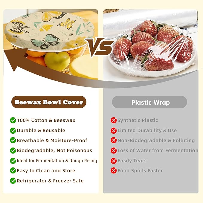 Reusable Beeswax Bowl Covers for Bread Proofing & Food Storage, Eco-Friendly Organic Cotton & Natural Wax & Resin, for Baking, Picnic, Pet Food, Sustainable Kitchen (Butterfly001, 2*12''+2*10''+2*8'')