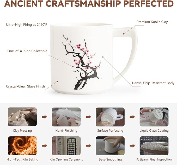 15oz Ceramic Coffee Mug with Plum Blossom Design – Unique Handcrafted Ceramic Mug for Coffee & Tea, Microwave & Dishwasher Safe, Elegant Coffee Cup Gift for Her or Yourself