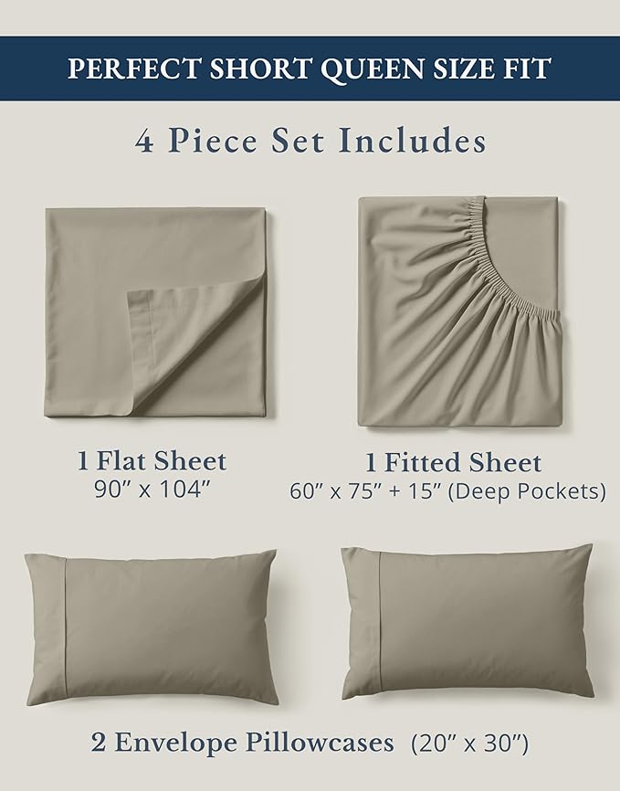 LANE LINEN RV Queen Sheets Set - 100% Organic Cotton Camper Sheet Sets 15" Deep Pocket Fitted (Short Silver)