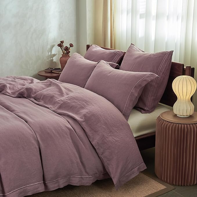 Simple&Opulence 100% Washed Linen Duvet Cover with Embroidered, 3 Pieces Soft Farmhouse Comforter Set with Button Closure,1 Duvet Cover and 2 Pillowshams(Queen,Purple)